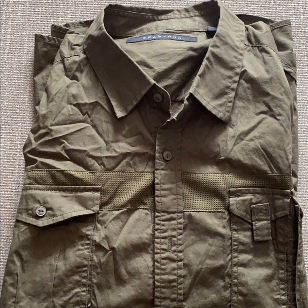 A SEAN JOHN LONG LONG ARMY GREEN SHIRT.